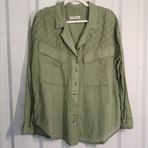 We the Free Womens Silver Lining Quilted Button Up Shirt Olive Green Size Lg